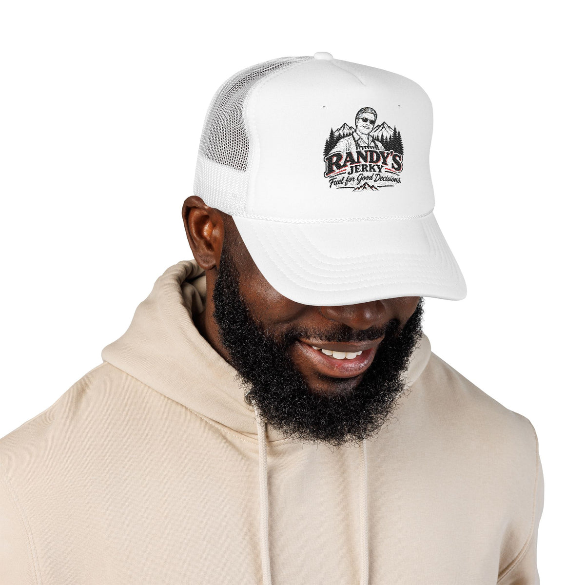 Randy's Jerky Trucker Hat — Retro Mountain Logo Foam Cap
